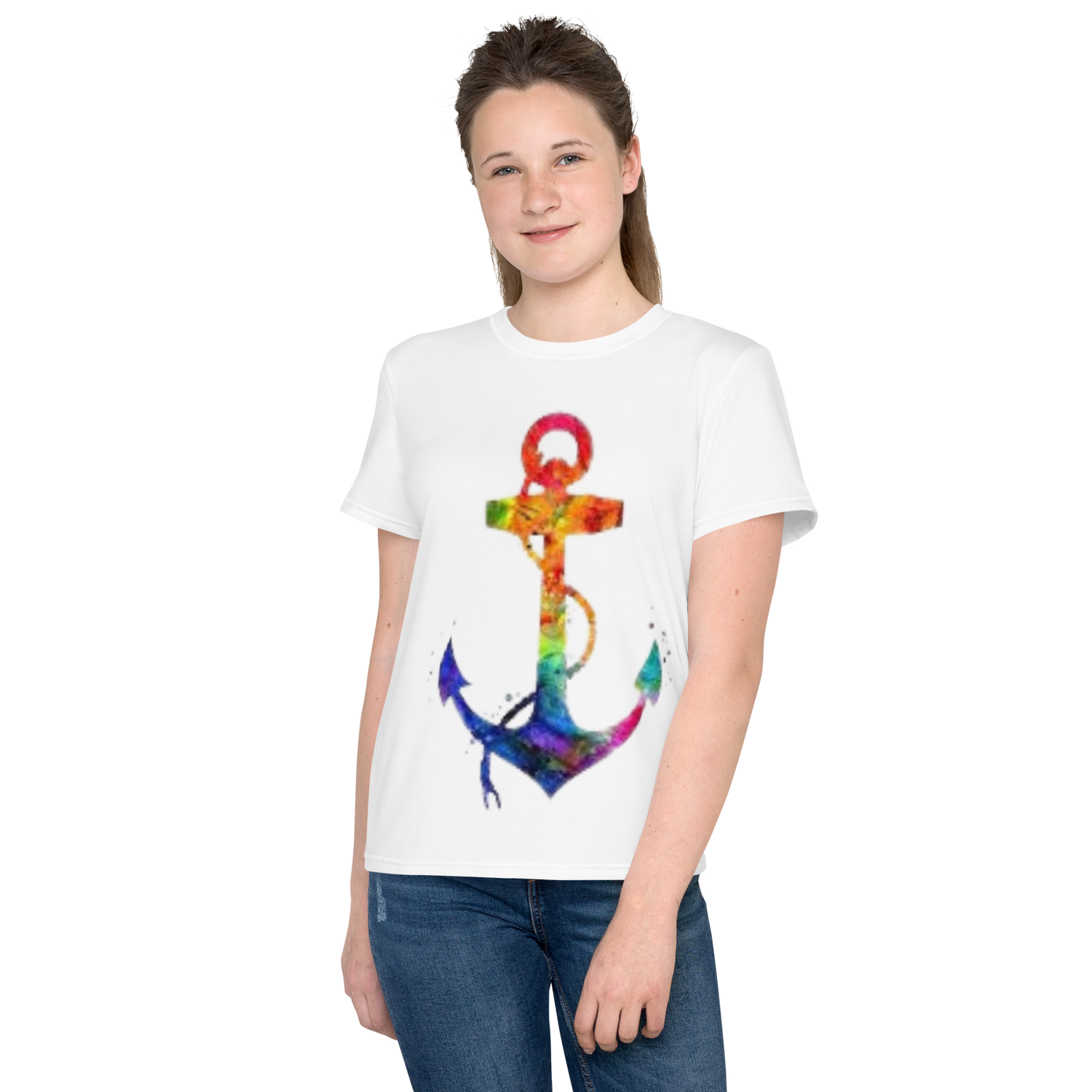 T-shirt juvenil com gola redonda âncora arco-íris