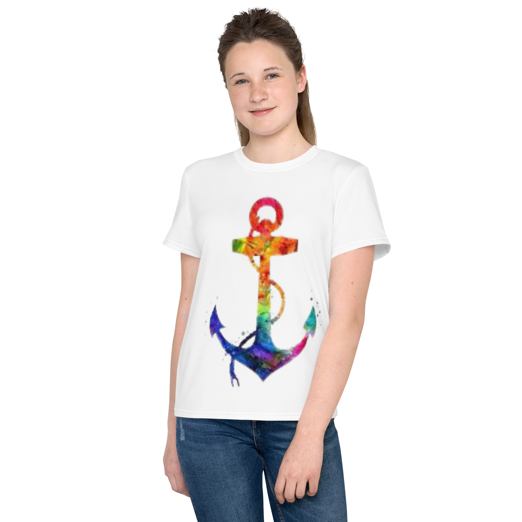 T-shirt juvenil com gola redonda âncora arco-íris