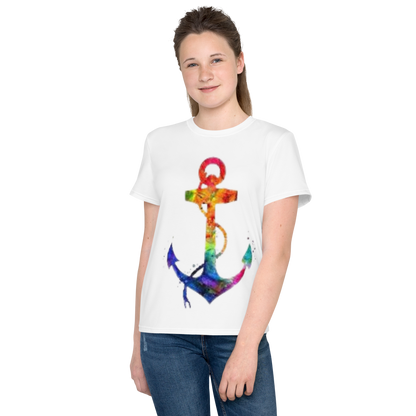 T-shirt juvenil com gola redonda âncora arco-íris