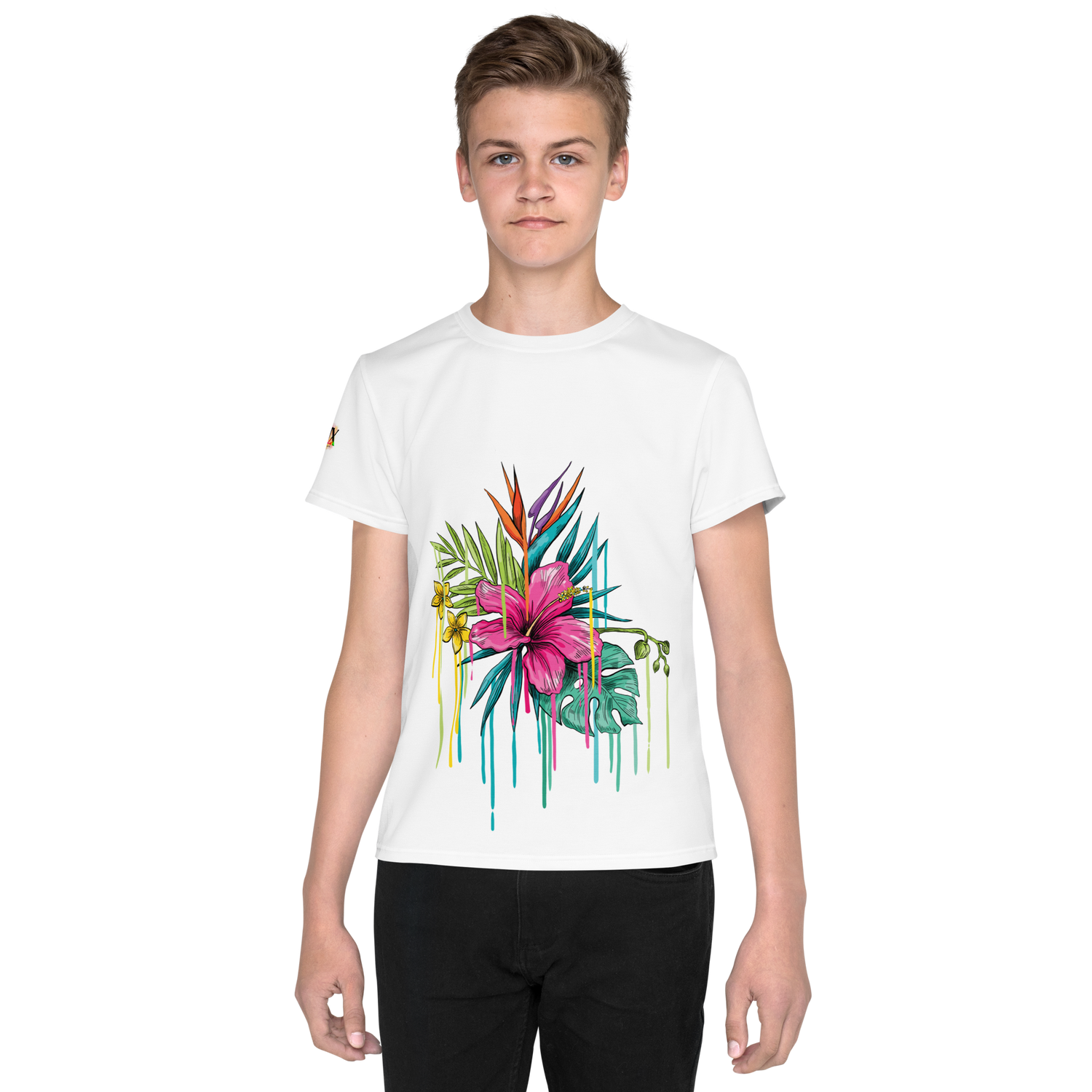 Camiseta juvenil cuello redondo flor rosa