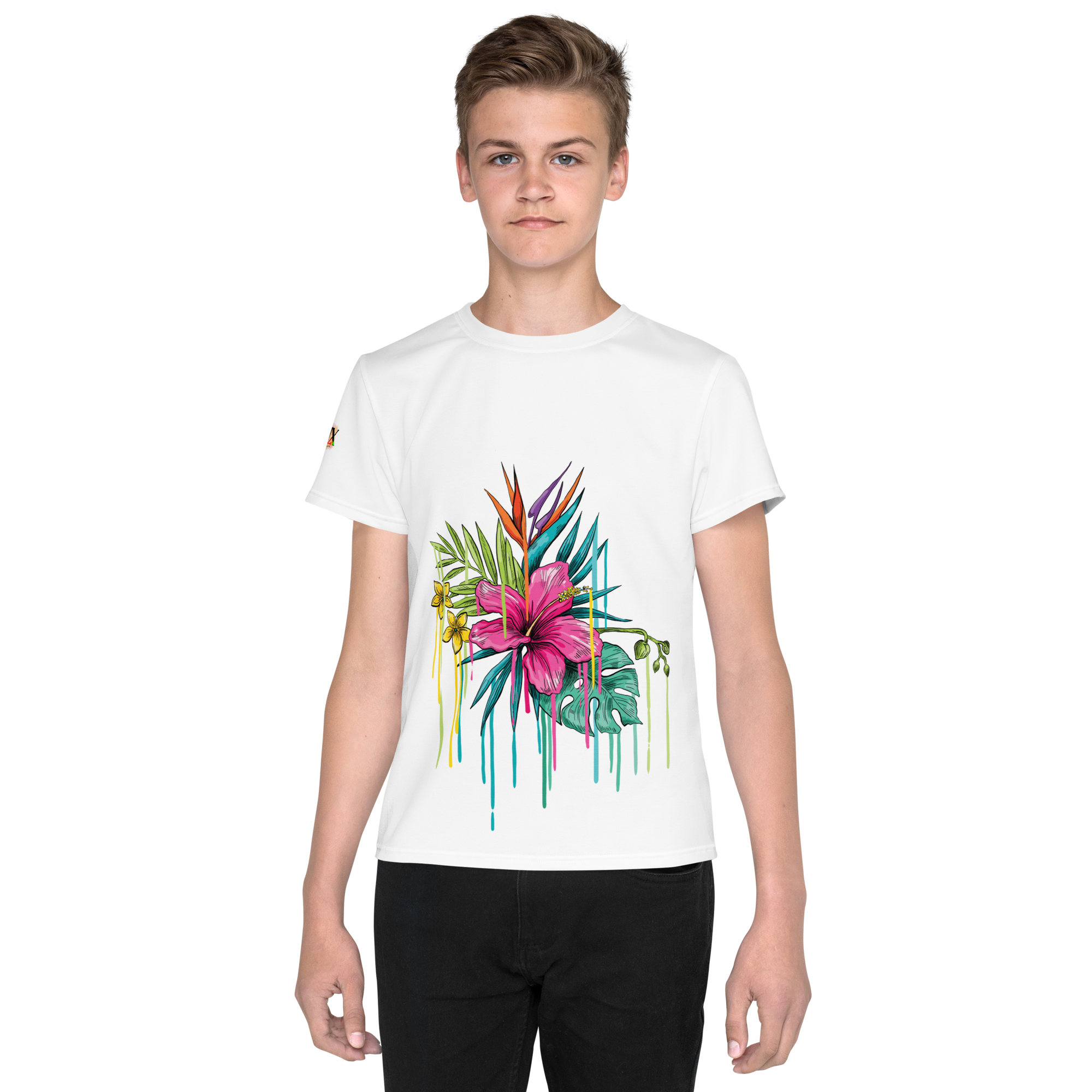Camiseta juvenil cuello redondo flor rosa
