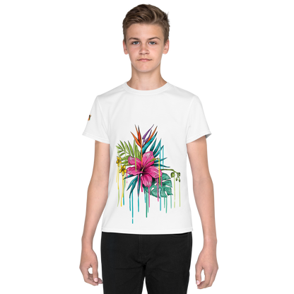 Camiseta juvenil cuello redondo flor rosa