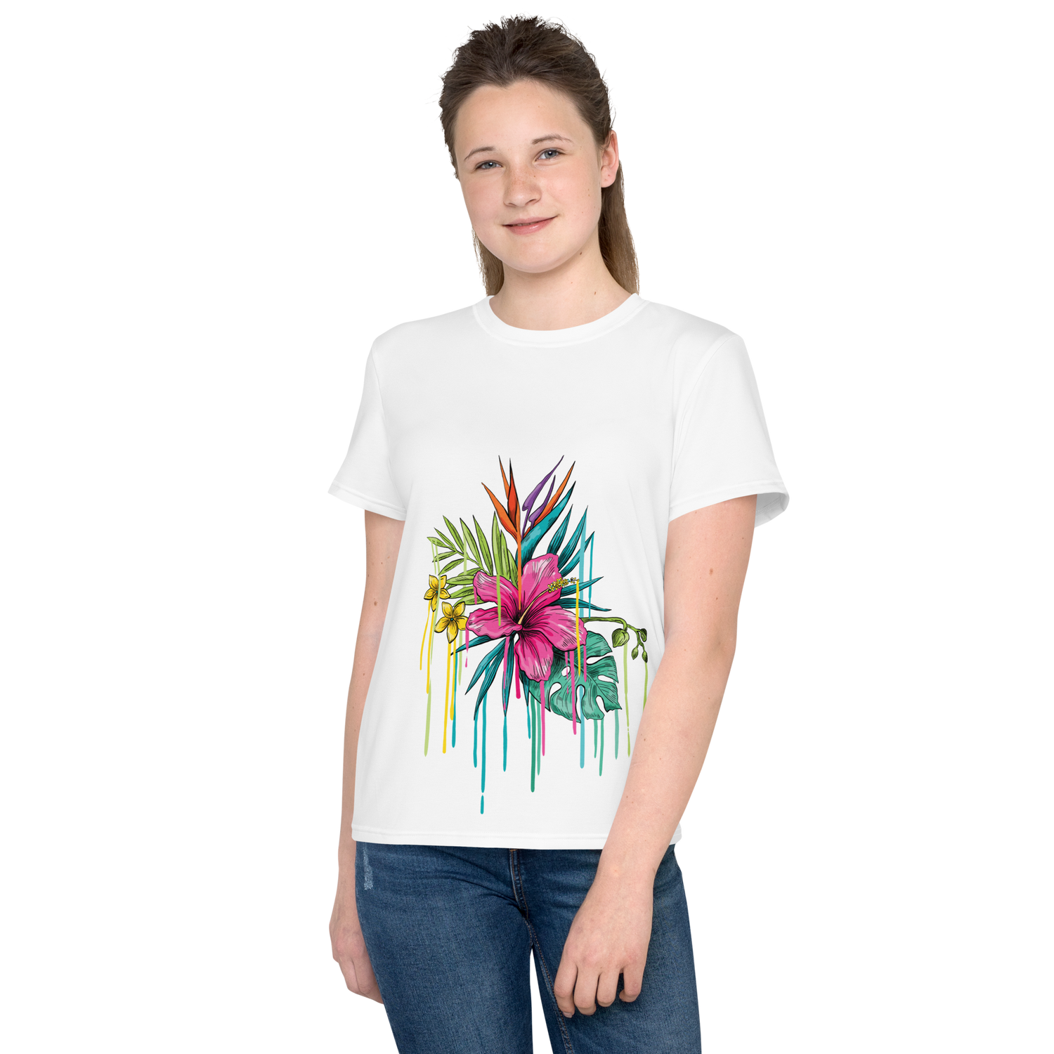 Camiseta juvenil cuello redondo flor rosa