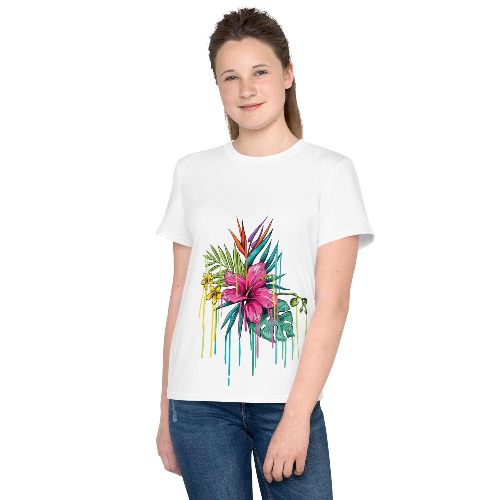 Camiseta juvenil cuello redondo flor rosa