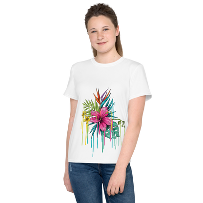 Camiseta juvenil cuello redondo flor rosa
