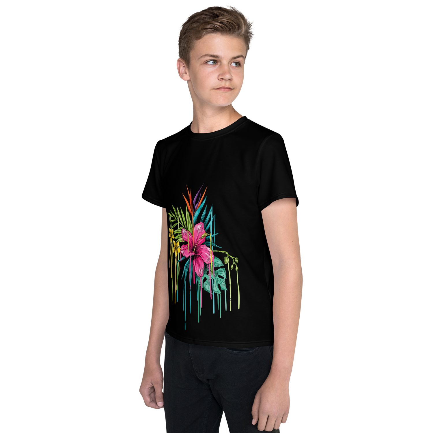 Camiseta juvenil cuello redondo negra flor rosa