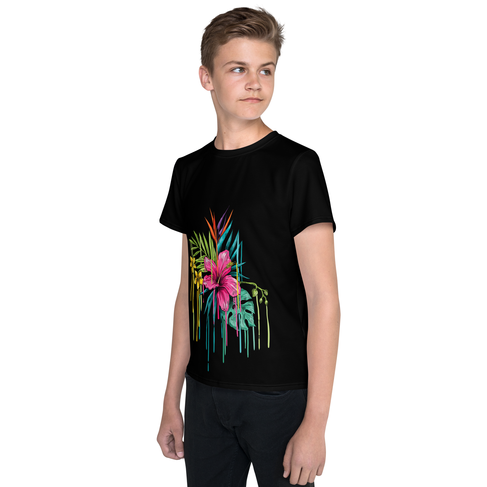 Camiseta juvenil cuello redondo negra flor rosa