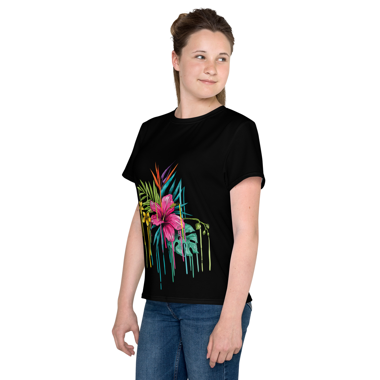 Camiseta juvenil cuello redondo negra flor rosa