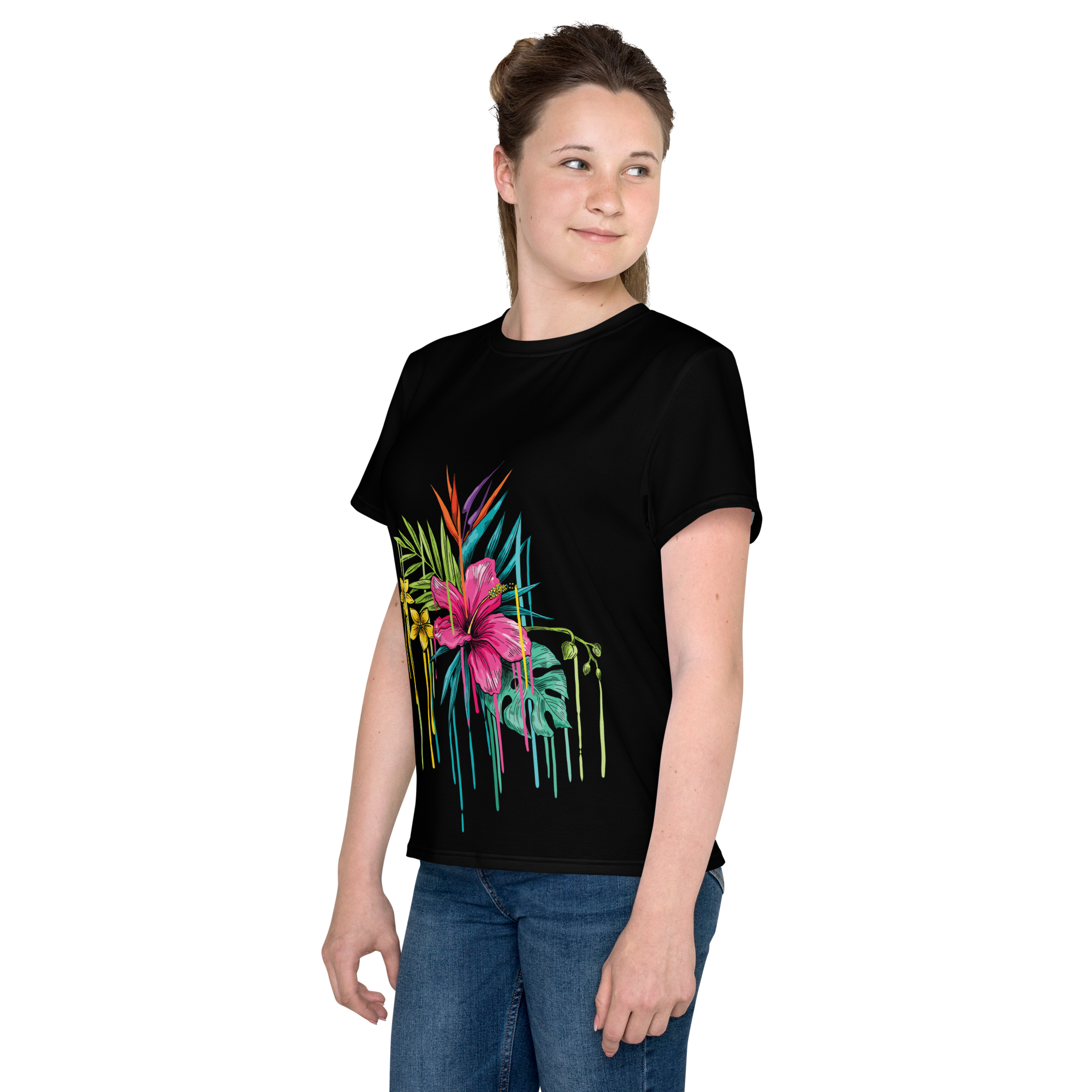 Camiseta juvenil cuello redondo negra flor rosa