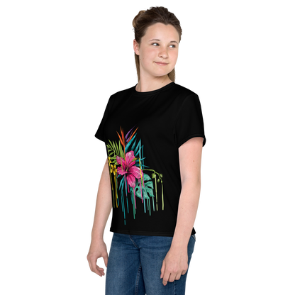 Camiseta juvenil cuello redondo negra flor rosa