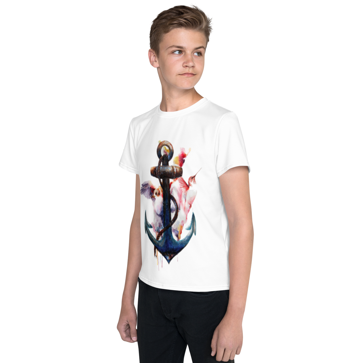 Camiseta juvenil cuello redondo ancla y colibrí