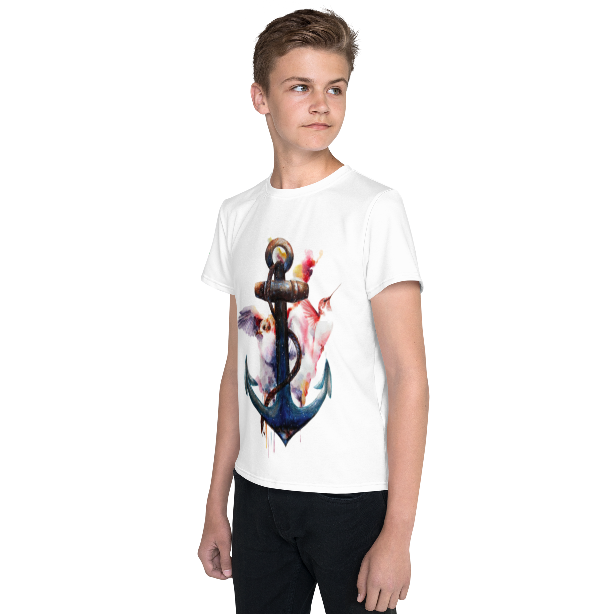 Camiseta juvenil cuello redondo ancla y colibrí