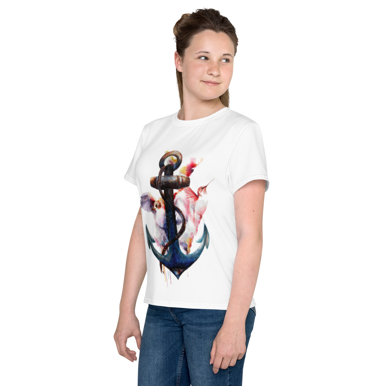 Camiseta juvenil cuello redondo ancla y colibrí