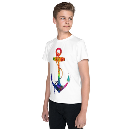 T-shirt juvenil com gola redonda âncora arco-íris