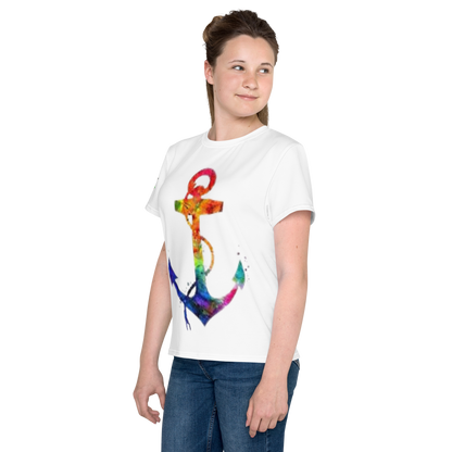T-shirt juvenil com gola redonda âncora arco-íris
