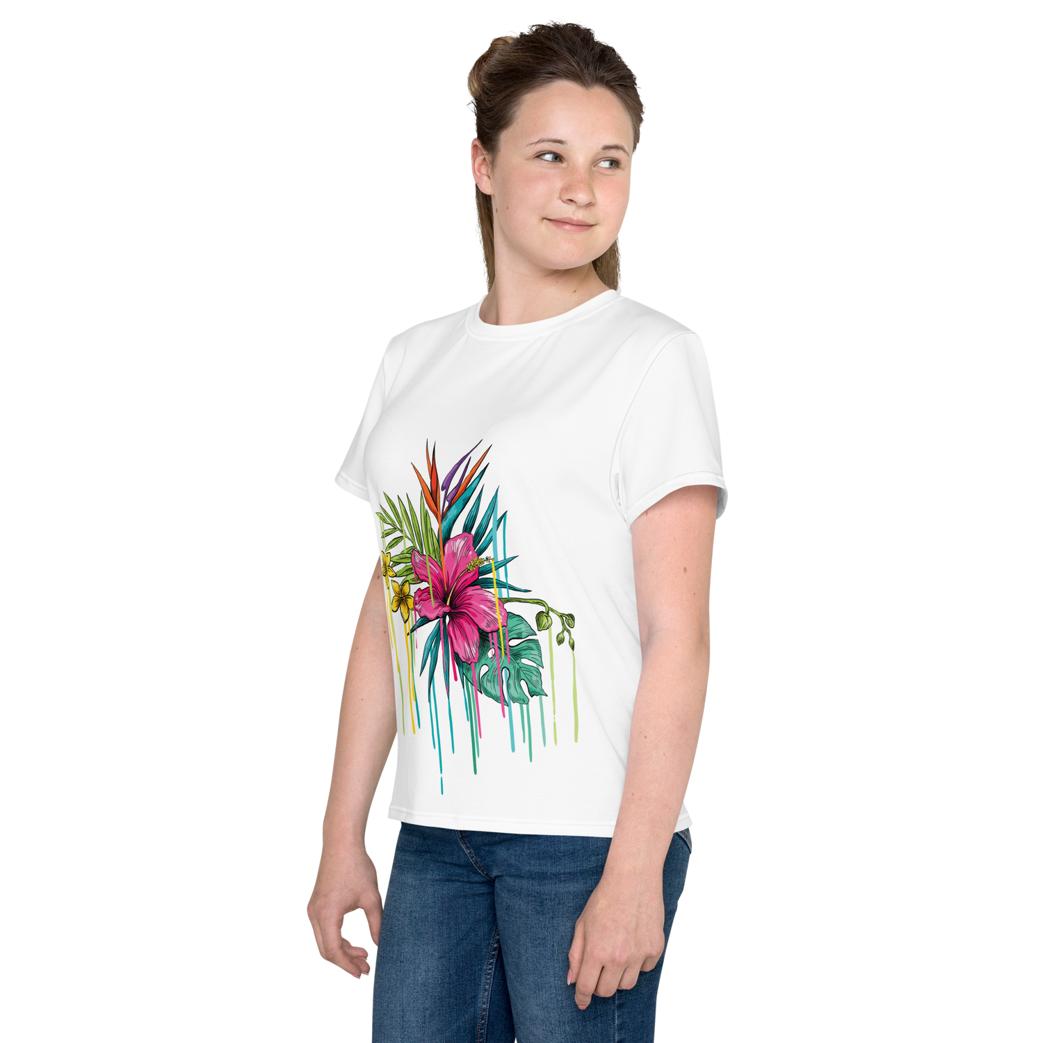 Camiseta juvenil cuello redondo flor rosa
