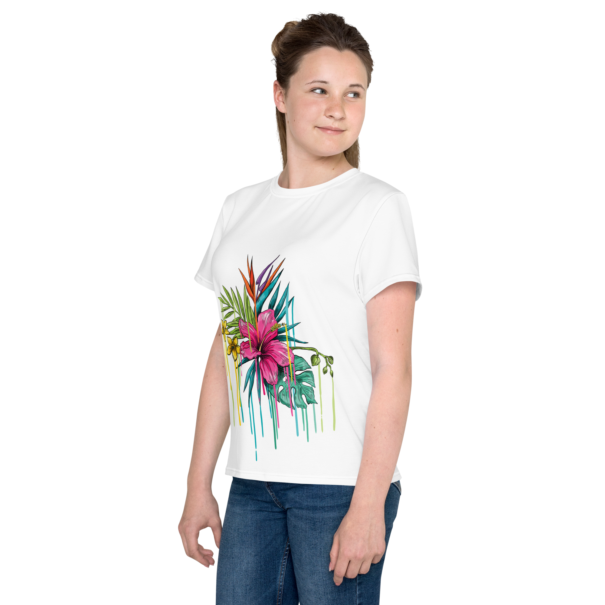 Camiseta juvenil cuello redondo flor rosa