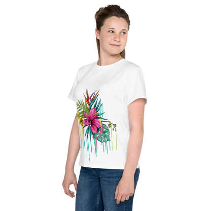 Camiseta juvenil cuello redondo flor rosa