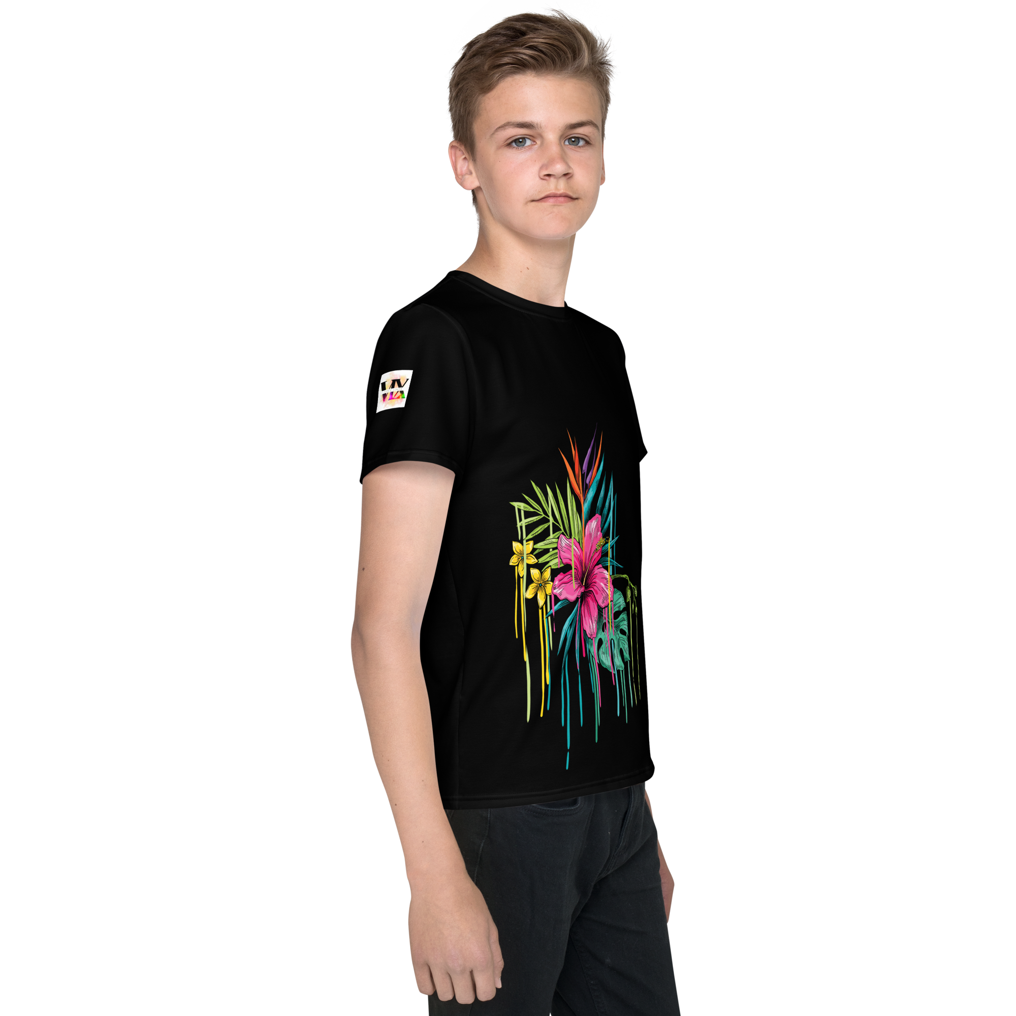 Camiseta juvenil cuello redondo negra flor rosa
