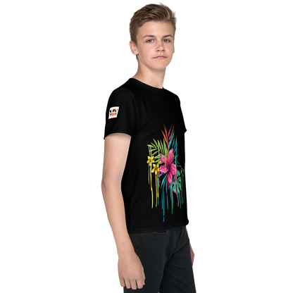 Camiseta juvenil cuello redondo negra flor rosa
