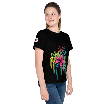 Camiseta juvenil cuello redondo negra flor rosa