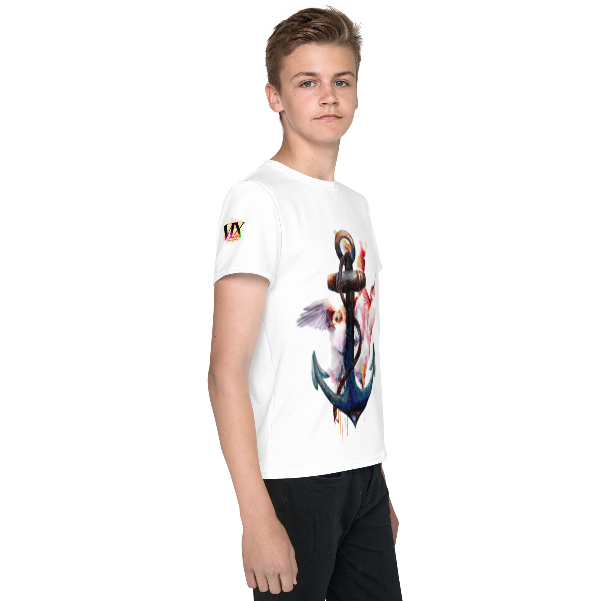 Camiseta juvenil cuello redondo ancla y colibrí