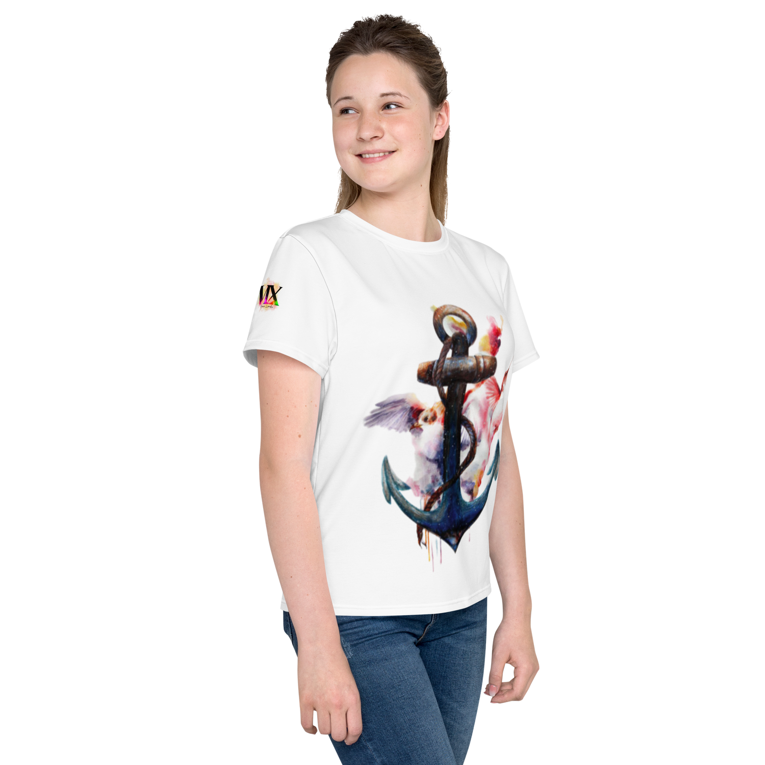 Camiseta juvenil cuello redondo ancla y colibrí