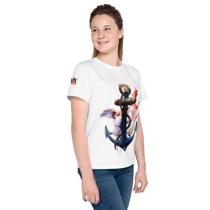 Camiseta juvenil cuello redondo ancla y colibrí