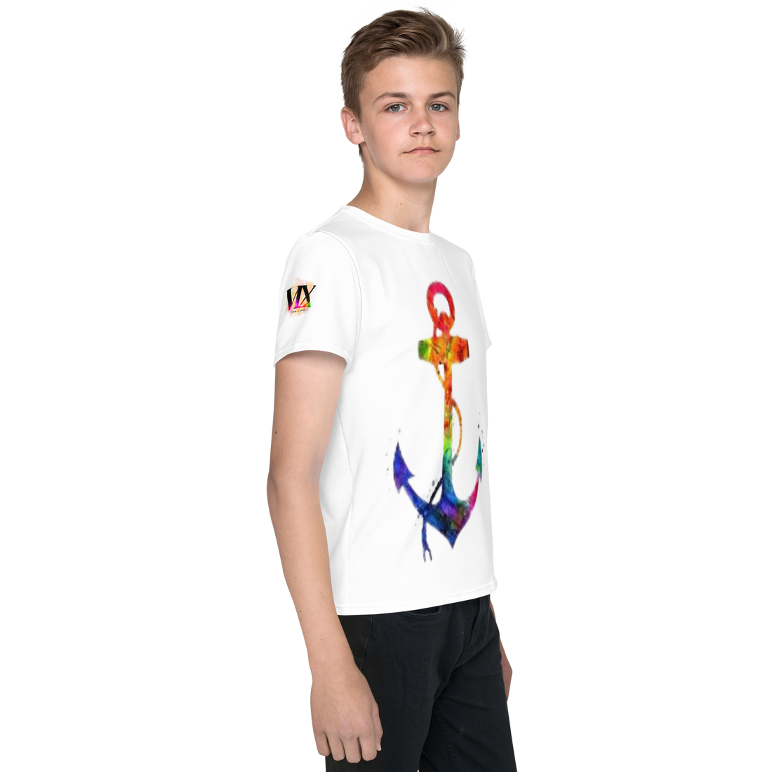 Camiseta juvenil cuello redondo ancla arcoiris