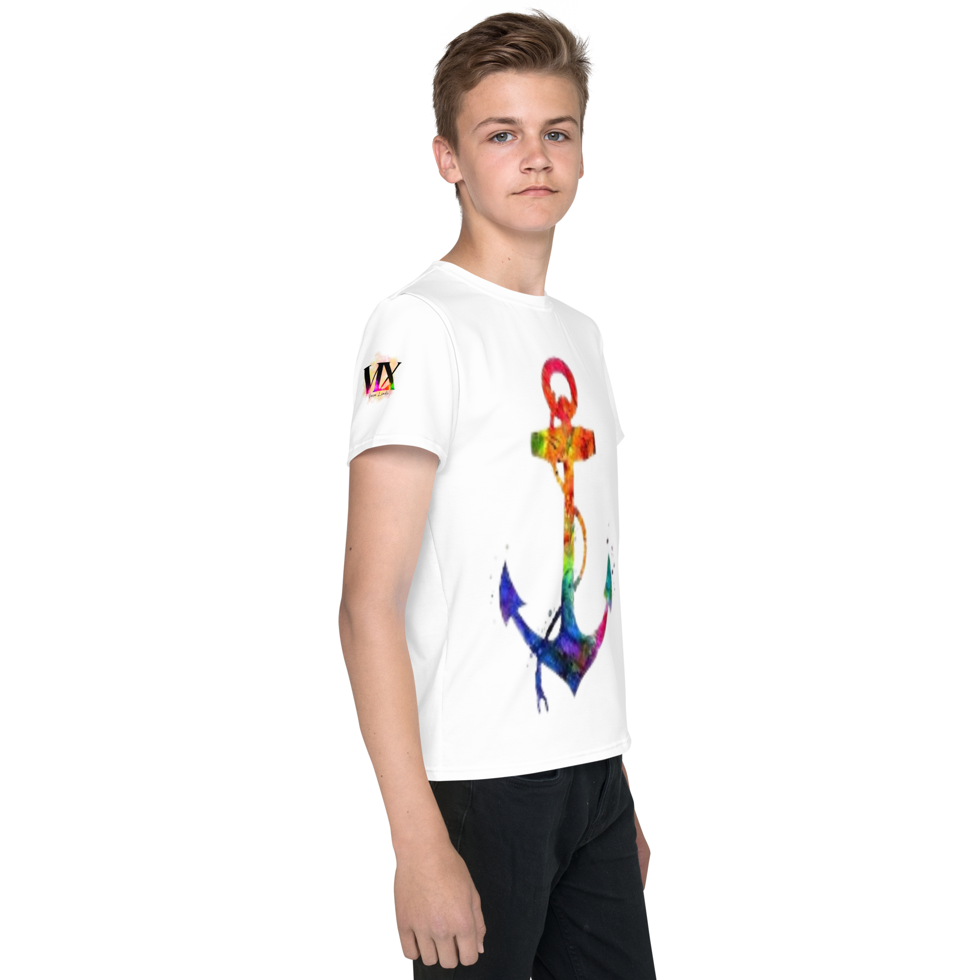 T-shirt juvenil com gola redonda âncora arco-íris