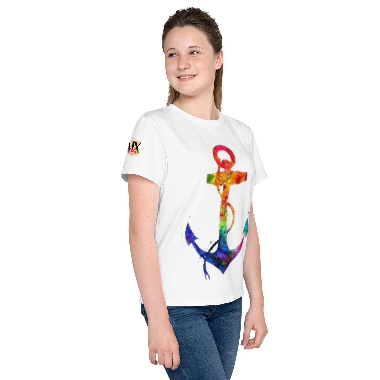 T-shirt juvenil com gola redonda âncora arco-íris
