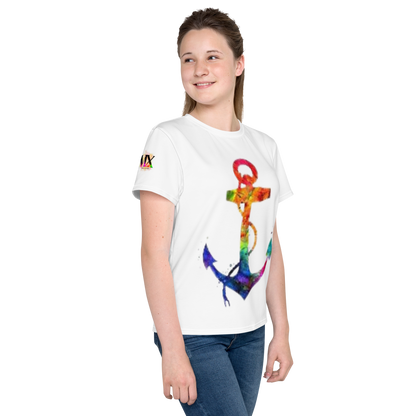 T-shirt juvenil com gola redonda âncora arco-íris