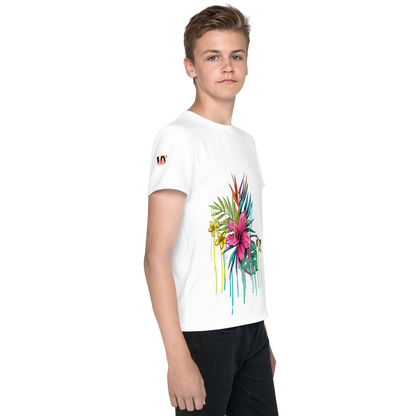 Camiseta juvenil cuello redondo flor rosa