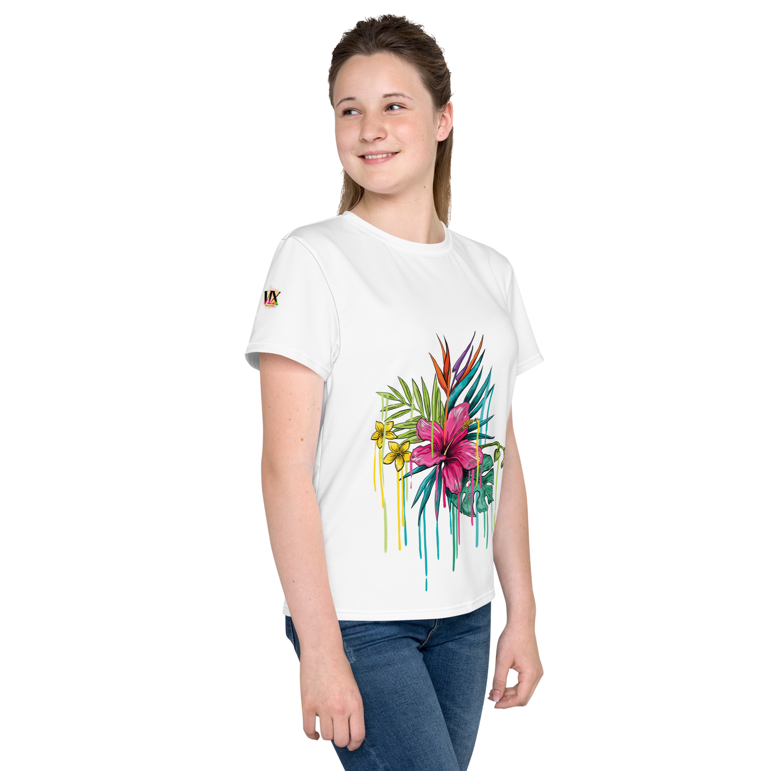 Camiseta juvenil cuello redondo flor rosa