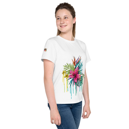 Camiseta juvenil cuello redondo flor rosa