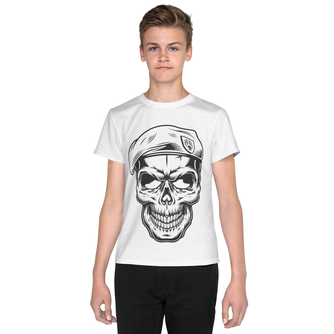 Camiseta juvenil cuello redondo calavera en boina