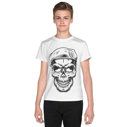 Camiseta juvenil cuello redondo calavera en boina