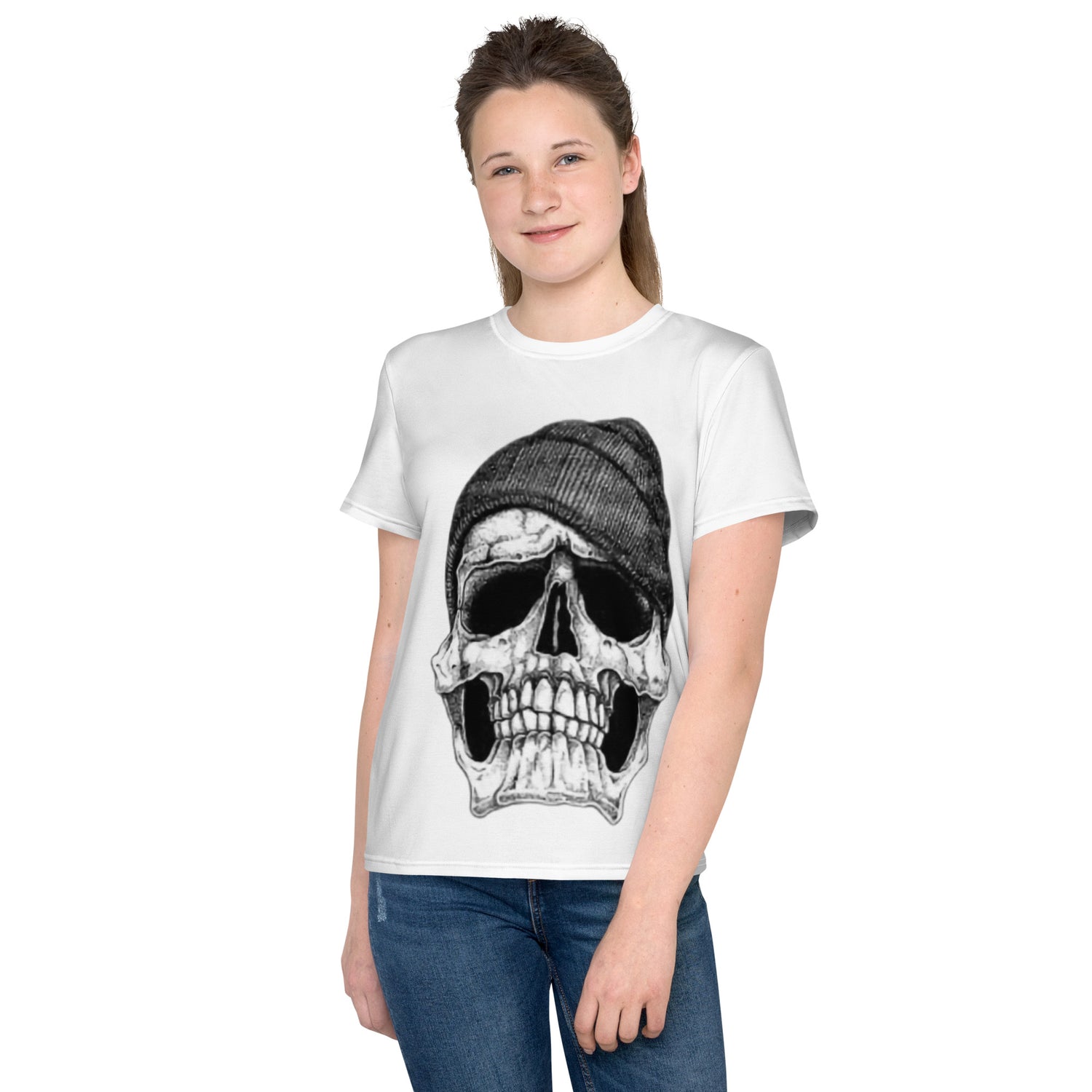 Camiseta juvenil cuello redondo calavera con gorra