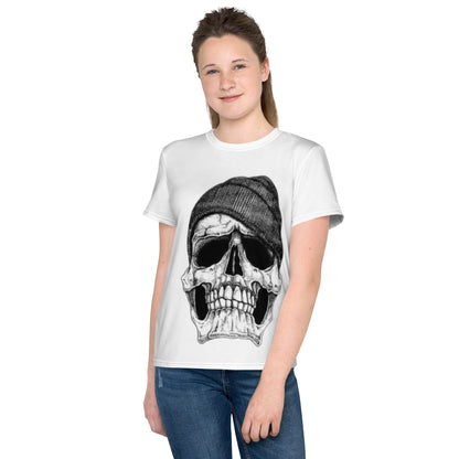 Camiseta juvenil cuello redondo calavera con gorra