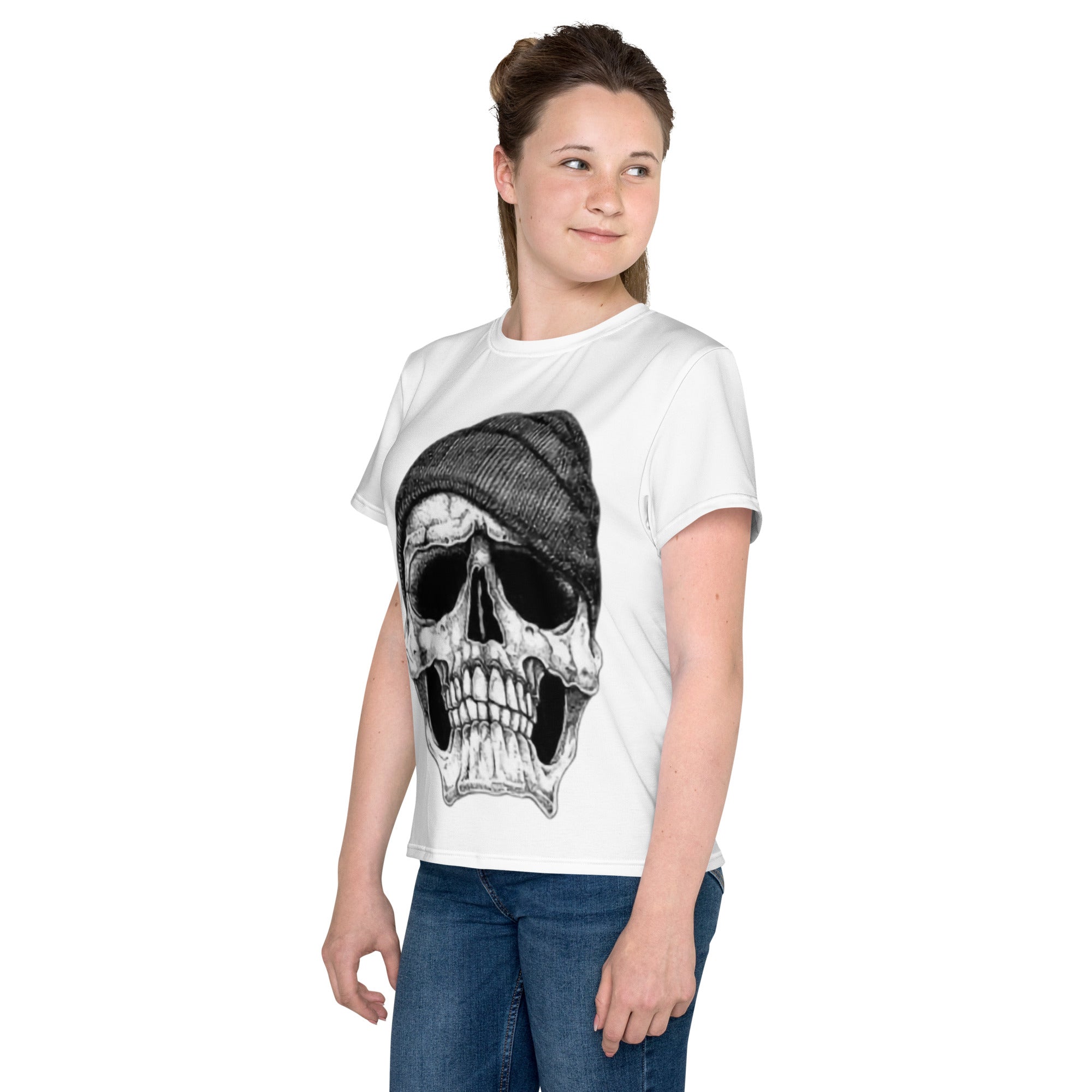 Camiseta juvenil cuello redondo calavera con gorra