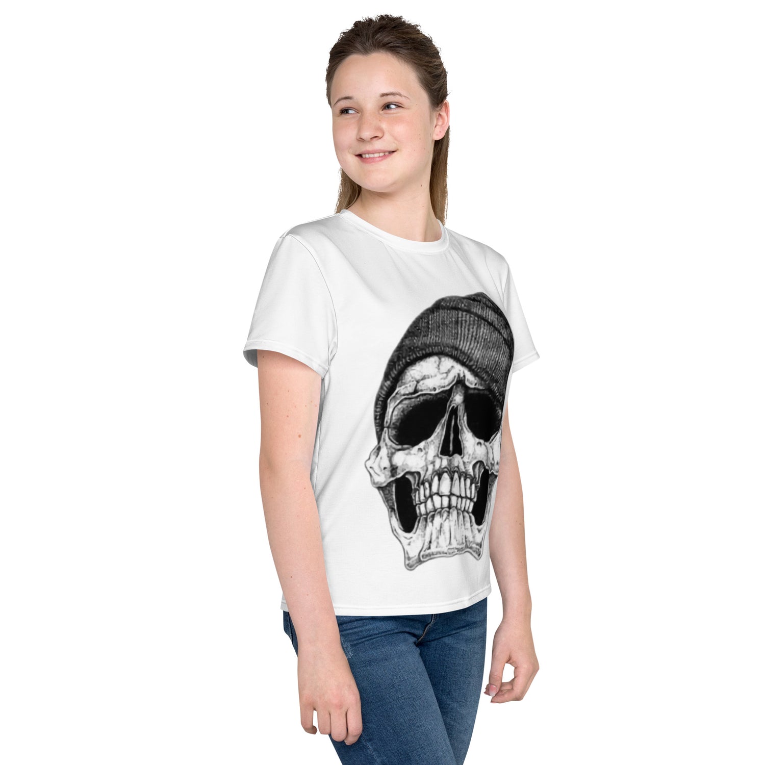 Camiseta juvenil cuello redondo calavera con gorra